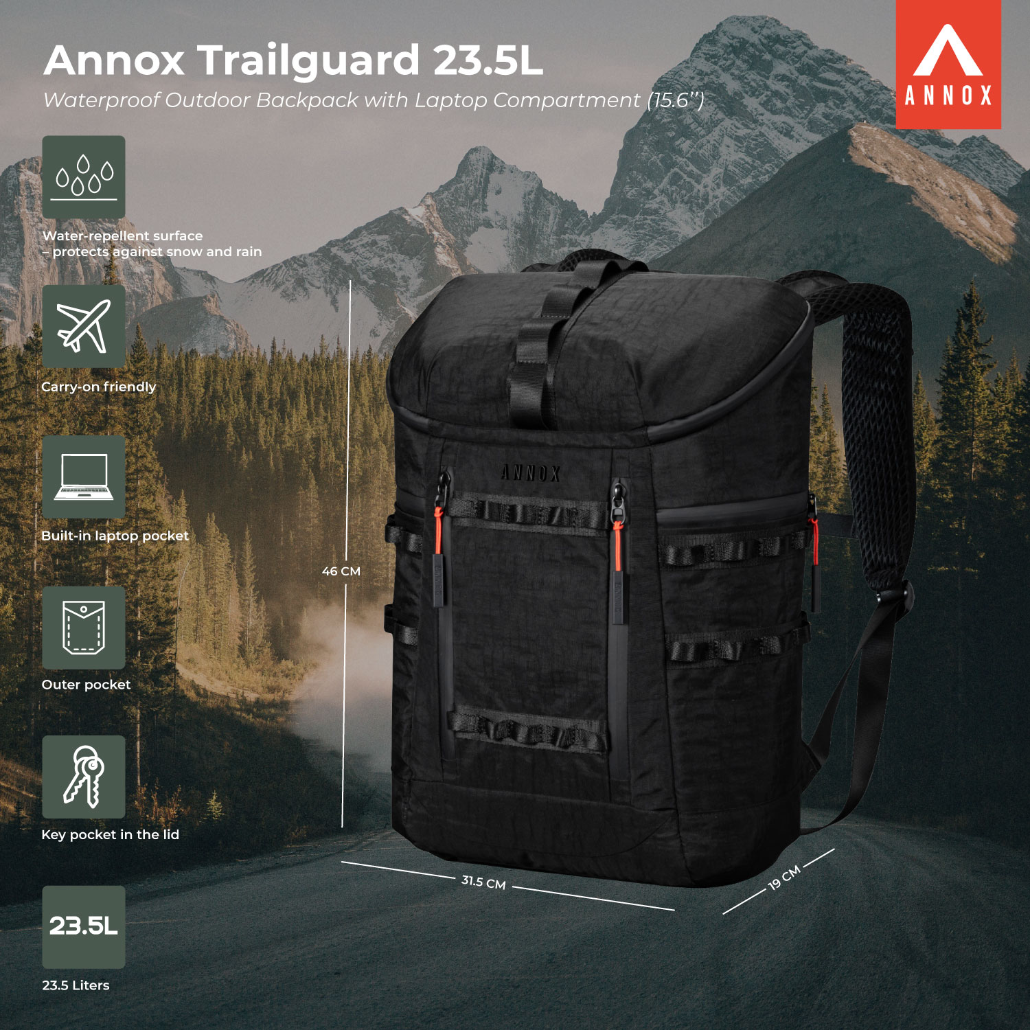 Annox Trailguard 23.5L - Vodootporna vanjska ruksak s odjeljkom za prijenosno računalo (15.6”)