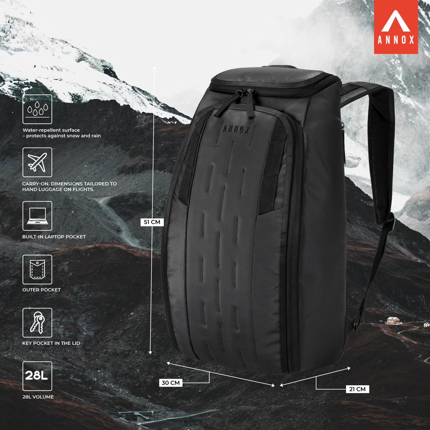 Annox Vault 28L - Vodoodbojna Ruksak za Skijanje, Sport i Putovanja